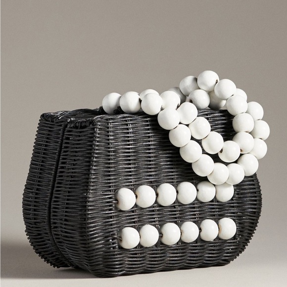 Bali Beaded Straw Black and White Woven Handbag Satchel - Picture 2 of 15